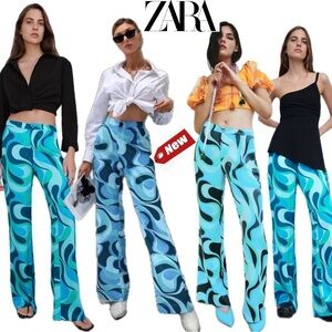 Zara blue Safia abstract swirl print flare high waisted pants Sz L NWT